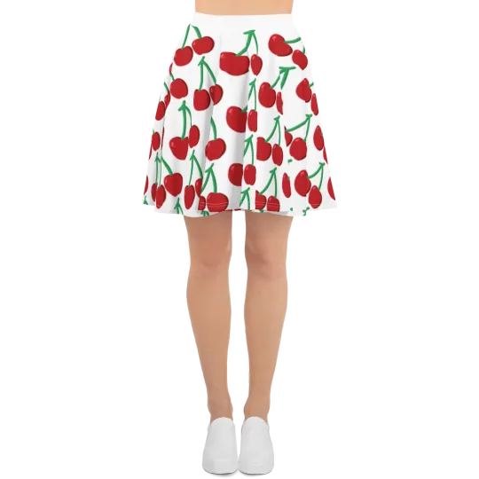 Discover Red Cherries Cherry Custom Print White Skater Skirt Retro Rockabilly XS-3XL