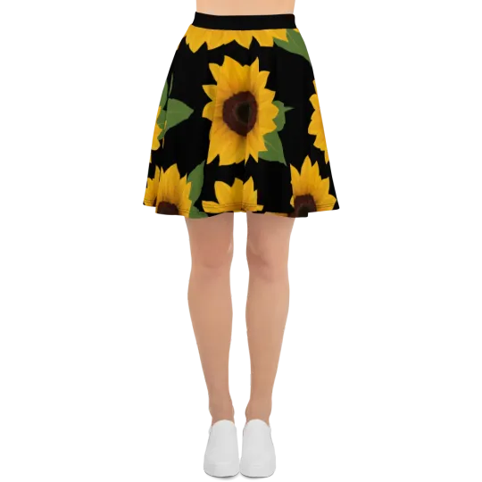 Discover Sunflower Custom Print Black Skater Skirt XS-3XL