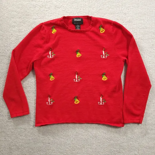 Discover Designers Originals Studio Womens Red Ugly Christmas Sweater Medium Bells Candle