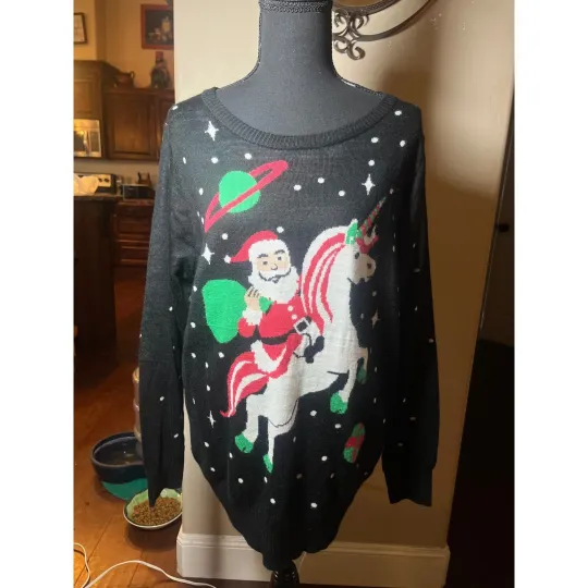 Discover Tipsy Elves Christmas Sweater Santa Riding Unicorn Space Black L