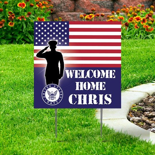 Discover Welcome Home Navy Yard Sign, Comes with H-Stake, printed on coroplast, Flag with Soldier