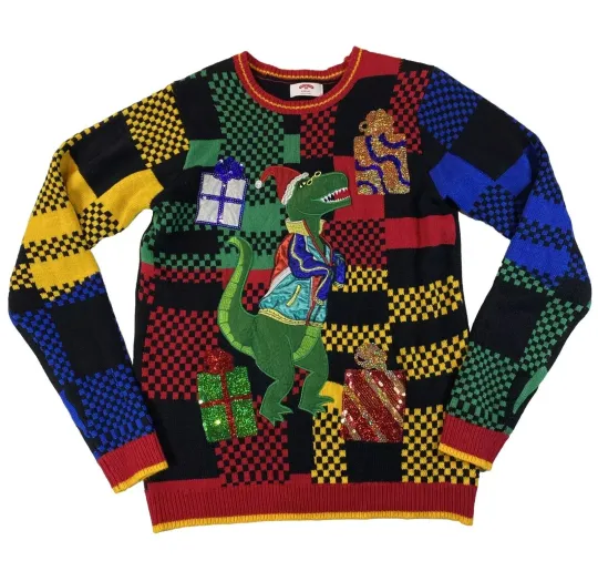HOLIDAY TIME Ugly Xmas Sweater Mens S Small EMBROIDERED DINOSAUR CHRISTMAS