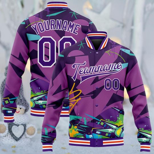 Discover Custom Purple Graffiti Bomber Jacket, Personalized Teamname Varsity, Add Your Name & Number, Unisex Streetwear Baseball Style Gift