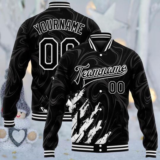 Discover Personalized Black Varsity Jacket with Custom Team Name, Name & Number, Marble Swirl Letterman Bomber, Unisex Snap Button Baseball Coat