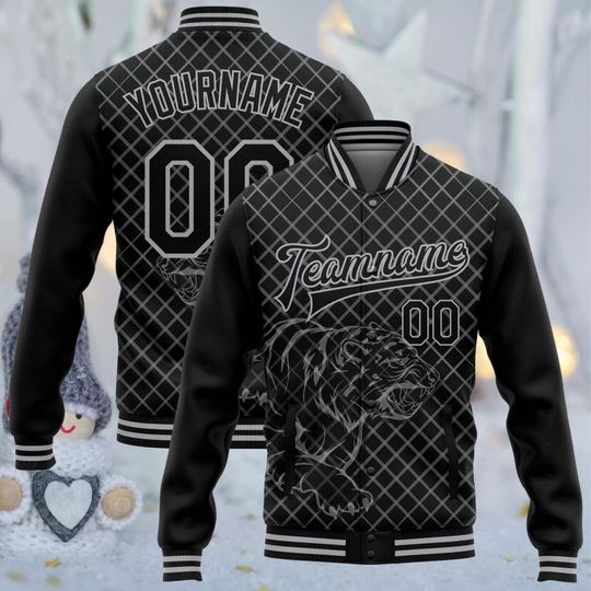 Discover Custom Black Varsity Jacket  Personalized Team Name & Number, Your Name on Back, Roaring Tiger Graphic, Unisex Baseball Bomber Coat