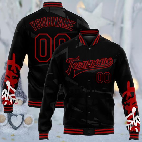 Discover Custom Black and Red Varsity Jacket with Personalized Team Name and Number, Unisex Letterman Bomber, Camo Graphic Sleeves, Game Day Gift