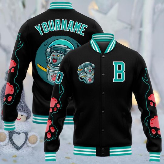 Discover Custom Space Cat Varsity Bomber Jacket  Personalized Name & Number 00, Letter Patch B, Black Unisex Streetwear Gift with Paw Sleeves