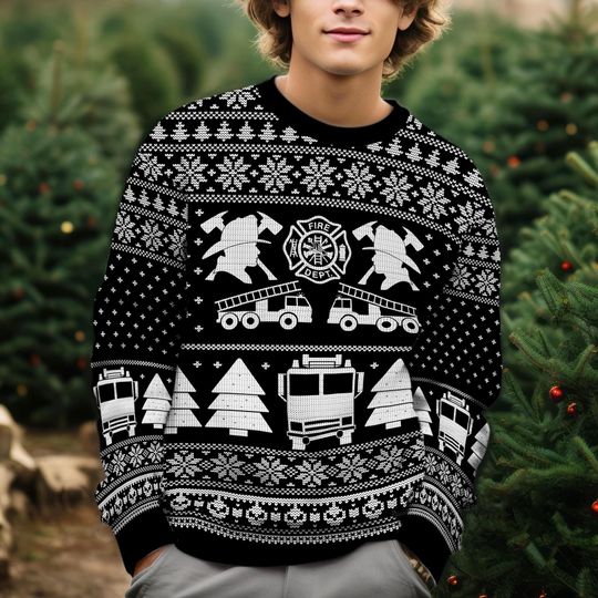 Discover Firefighter Drop Roof Roll Christmas Ugly Sweater for Men Women, Funny Fire Dept Ugly Xmas Pullover, Fire Truck Holiday Sweatshirt Gift