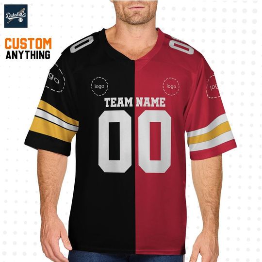 Discover Custom Jersey Split Half Two Team Red And Black Color, Personalized Football Team Name, Logo, Number, Christmas Gifts For Him, Gift For Her