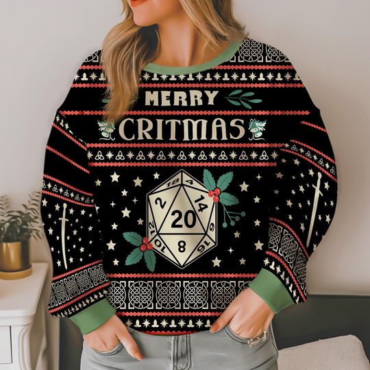 Discover Merry Critmas Dungeons and Dragons Ugly Christmas Sweater Gamer Holiday Pullover Geeky Festive Top Christmas Gift for Family 2025