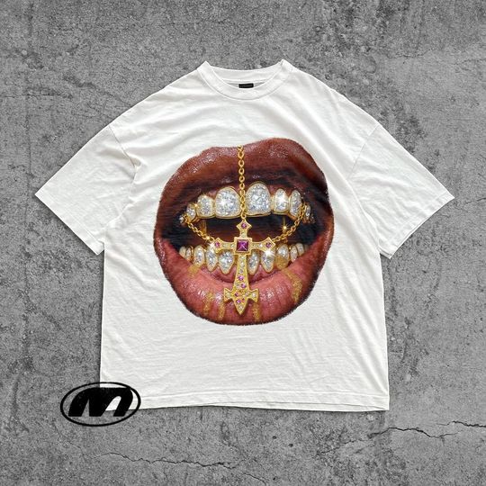 Discover Big Lips Y2K Mouth T-Shirt - Grillz White Unisex 3D T-Shirt - Streetwear Y2K T-Shirt