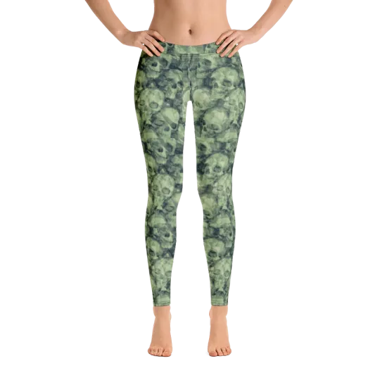 Discover Green Gray Black Skull Custom Print Leggings Gothic Industrial Punk XS-XL