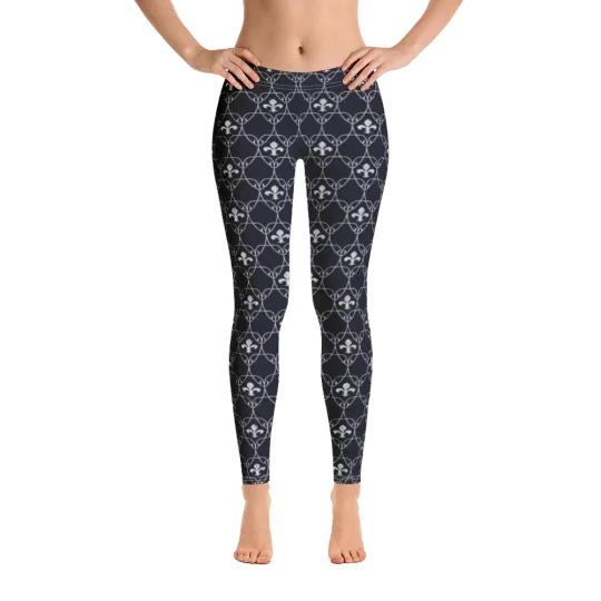 Discover Fleur-de-lis Print Darkest Blue Custom Print Leggings XS-XL