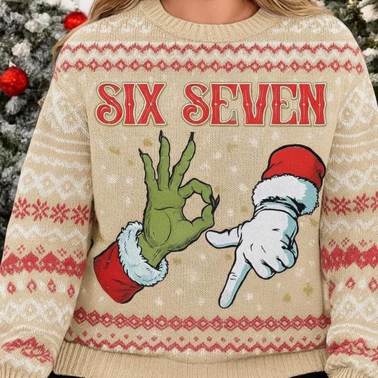 Discover Santa funny character Six Seven Ugly Sweater, Funny Xmas Outfit, Trending 67 Holiday Jumper, Green Monster Hand Sign Sweater, Christmas Party Shirt