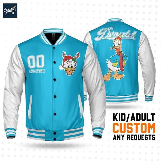 Discover Custom Winter Donald Basic Happy Jacket, Personalized Disney Varsity - Windproof Knit Fabric, Snap Button, Unisex Gift