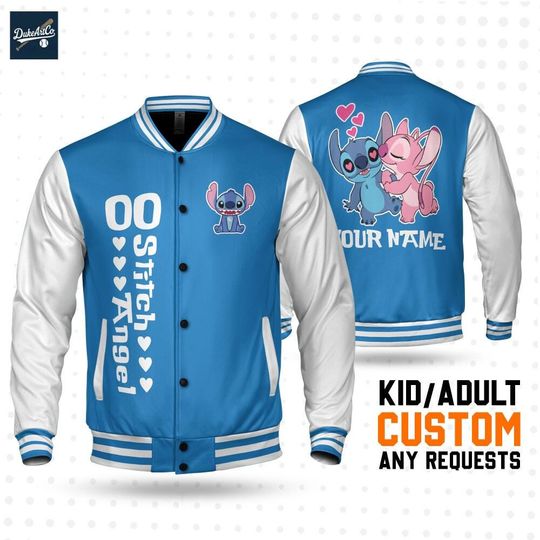 Discover Custom Stitch Couple Blue Baseball Jacket, Personalized Disney Varsity - Windproof Knit Fabric, Snap Button, Unisex Gift