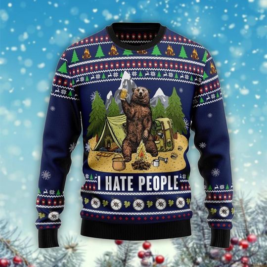 Discover I Hate People Bear Ugly Christmas Sweater, Funny Camping Jumper, Outdoors Introvert Gift, Beer Bear
