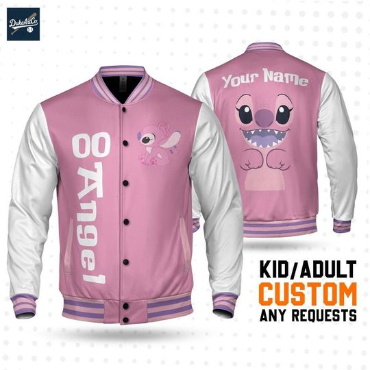 Discover Custom Couple Angel Pink Baseball Jacket, Personalized Disney Varsity - Windproof Knit Fabric, Snap Button, Unisex Gift