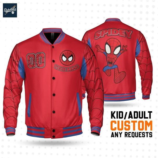Discover Custom Spidey Red & Black Colorful Jacket, Personalized Disney Varsity - Windproof Knit Fabric, Snap Button, Unisex Gift