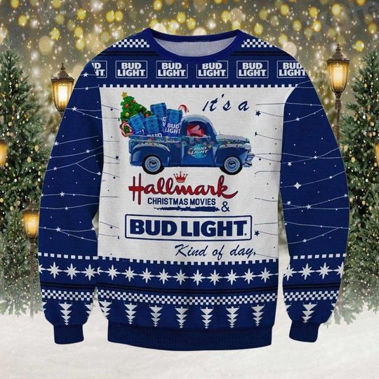 Discover Blue Vintage Truck Christmas Sweater, Funny Beer Lover Ugly Holiday Sweatshirt, Retro Winter Sweater with Movie Night Theme Gift