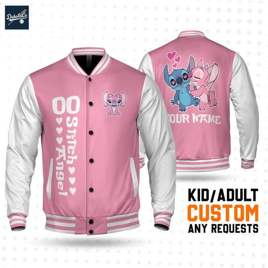 Discover Custom Angel Couple Pink Baseball Jacket, Personalized Disney Varsity - Windproof Knit Fabric, Snap Button, Unisex Gift