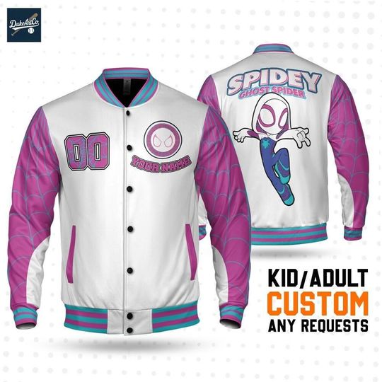 Discover Custom Spidey Gwen Pink & White Colorful Jacket, Personalized Disney Varsity - Windproof Knit Fabric, Snap Button, Unisex Gi