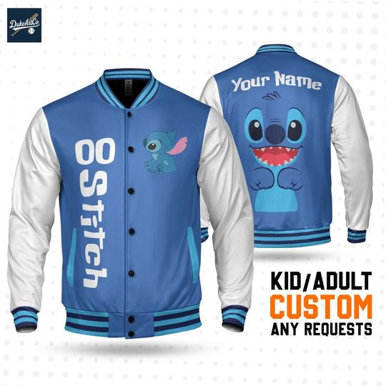 Discover Custom Couple Stitch Blue Baseball Jacket, Personalized Disney Varsity - Windproof Knit Fabric, Snap Button, Unisex Gift
