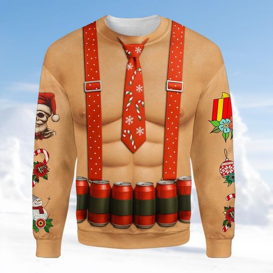 Funny Beer Christmas Sweatshirt for Men, 3D Muscle Santa Fake Ugly Xmas Sweater, Beer Belt Holiday Pullover, Hilarious Drinking Party Gift