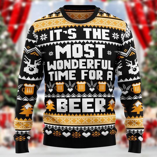 Discover Funny Beer Christmas Sweater  Its the Most Wonderful Time for a Beer Holiday Knit with Mugs and Reindeer Design, Festive Winter Sweatshirt