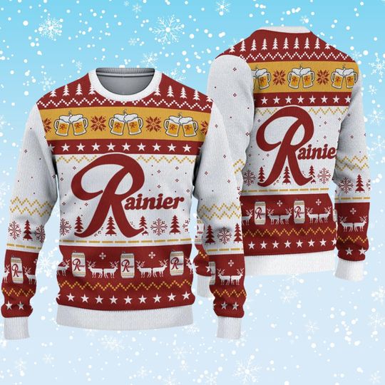 Discover Rainier Beer Ugly Christmas Sweater  Red White Holiday Knit, Beer Mug Cans Pattern, Unisex Crewneck Pullover for Party Photos & Gifts