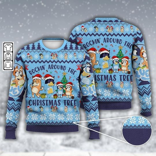 BlueyDad Ugly Christmas Full Print Sweater, BlueyDad Rockin The Christmas Tree Sweater, BlueyDad Xmas Sweater Gift For Fan