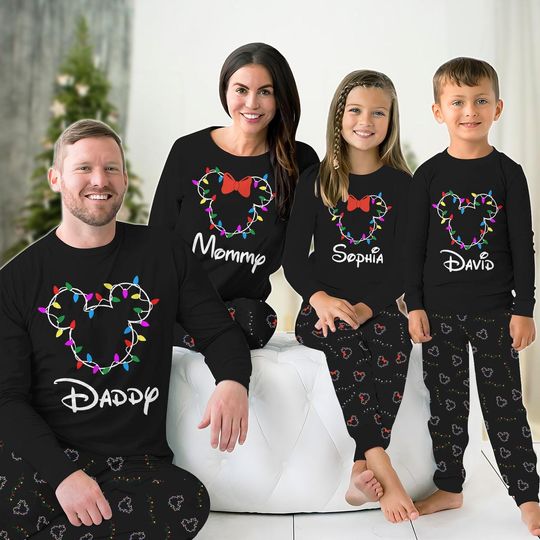 Discover Disney Mouse Christmas Lights Family Pajamas Set, Personalized Mickey Minnie Matching Pajamas, Family Holiday Trip, Pajamas For Party