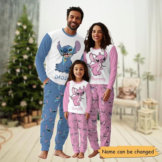 Discover Custom Stitch Family Pajamas Set, Stitch Angel Matching Pajamas, Cute Cartoon Movie Holiday Pajamas, Xmas Party Gift, Set Of Pajamas