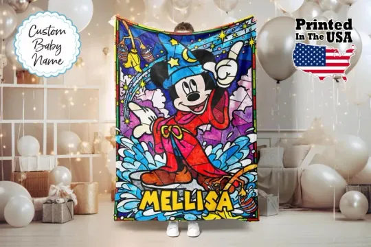 Discover Disney Mickey Mouse Magical Sorcerer Stained Glass Art Customize Fleece Blanket