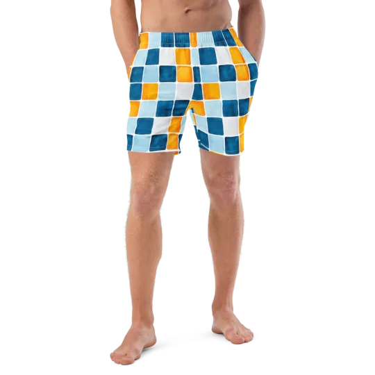 Discover Blue Orange White Checkerboard Custom Print Men's Swim Trunks 2XS-6XL