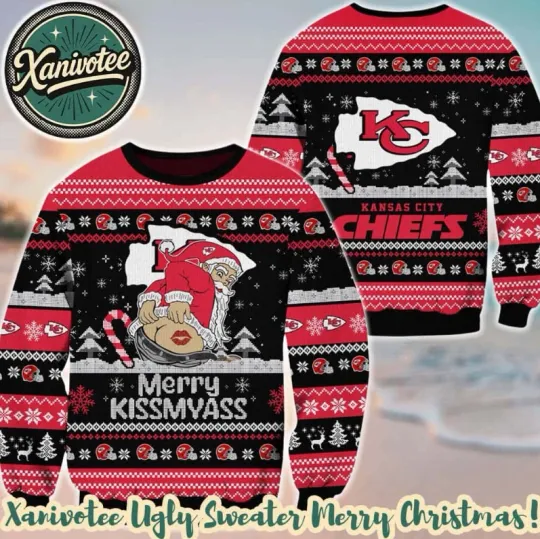 Discover football Kansas City Chief Merrykissmyass Funny Santa Claus 2025 Ugly Sweater