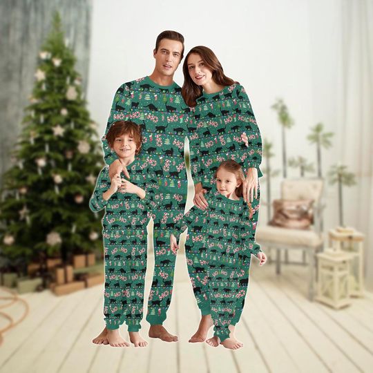 Christmas Black Cat Matching Pajamas Set, Cat Christmas Lights Family Pajamas, Merry Catmas Holiday Pajamas, Xmas Family Pajamas Pants