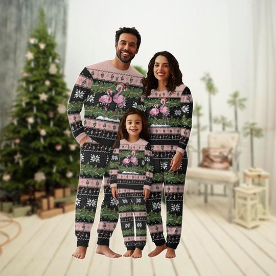 Christmas Flamingo Family Pajamas Set, Flamingo Xmas Tree Lights Holiday Pajamas, Animal Lover Matching Pajamas, Winter Season Pjs