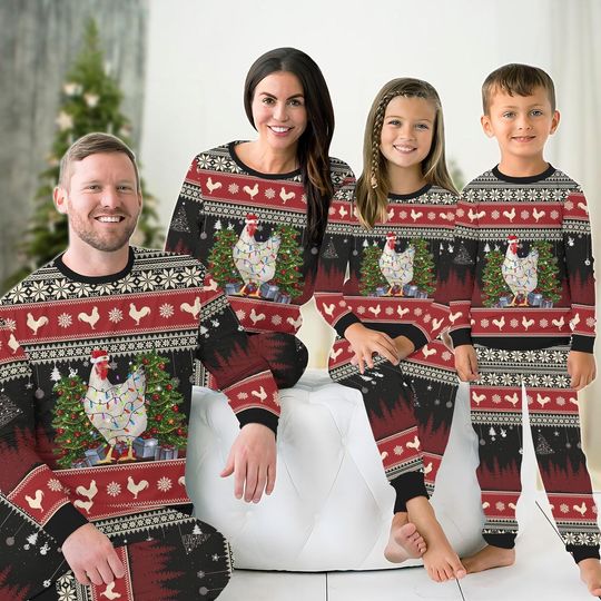 Christmas Chicken Family Pajamas Set, Farmer Christmas Holiday Pajamas, Chicken Xmas Tree Lights Matching Pajamas, Winter Season Shirt
