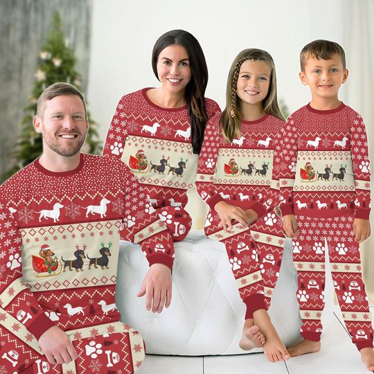 Christmas Dachshund Family Pajamas Set, Dog Santa Hat Holiday Pajamas, Wiener Dog Xmas Shirt, Cute Pet Matching Pajamas, New Year Pjs
