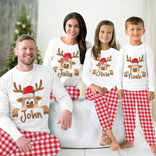 Custom Reindeer Family Pajamas Set, Reindeer Holiday Pajamas, Xmas Matching Family Name Shirt, Christmas Gift For Women Men Kid