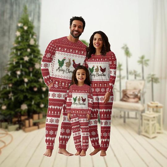 Discover Christmas Chicken Family Pajamas Set, Merry Cluckmas Holiday Pajamas, Merry Chickmas Matching Pajamas, Funny Farm Xmas Lights Pjs