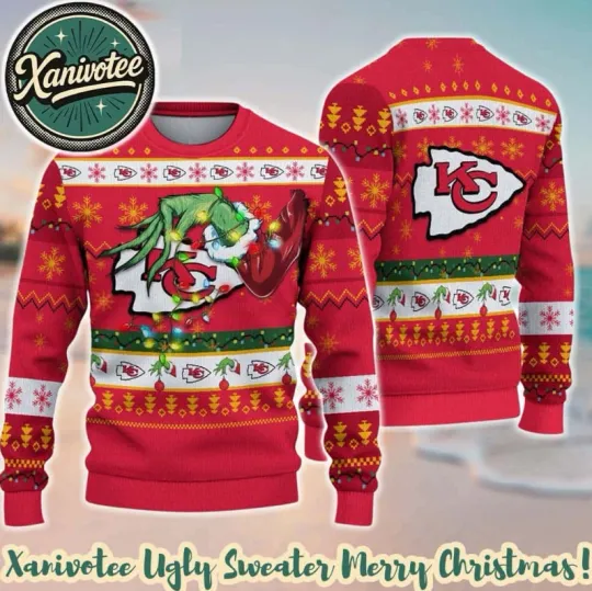Discover Kansas City Chief football With Special Grinchs Hand Football Ugly Christmas Sweater