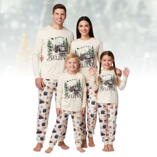 Discover Believe Christmas Long Sleeve Pajamas Set, Polar Express Train Family Matching Sleepwear, Cozy Holiday Pjs, Magical Xmas Gift for Famil