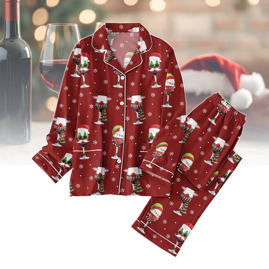 Wine Glass Reindeer Christmas Pajamas Set, Drinking Christmas Family Pajamas, Funny Party Holiday Pajamas, Wine Xmas Sleepwear Women