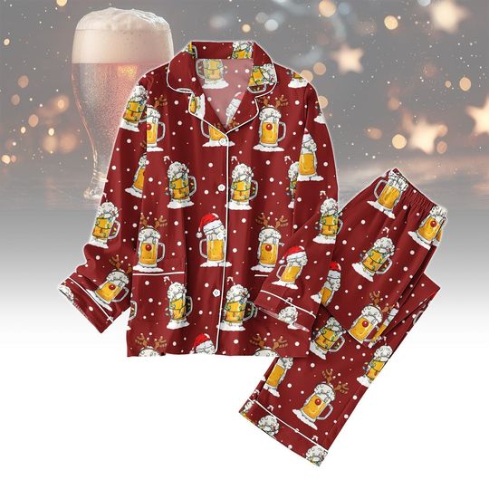 Beer Glass Christmas Pajamas Set, Drinking Christmas Family Pajamas, Santa Hat Holiday Pajamas, Beer Lover Sleepwear, Xmas Party Gifts