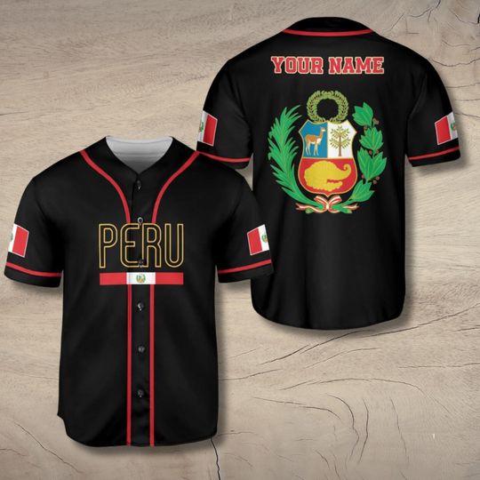 Discover Peru Baseball Jersey Shirt in Black with Red Piping, Flag Sleeves & Large Coat of Arms Back  Custom Name Personalized Peruvian Pride Gift