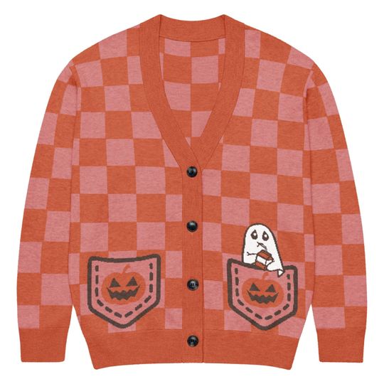 Discover Pocket Ghost Checkered cardigan, Orange and Pink, Halloween Knitted Sweater