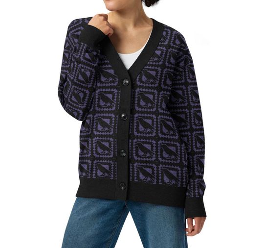 Discover Crow Cardigan Sweater: Gothic Witchy Granny Square Button Front Cardi Knit Sweater