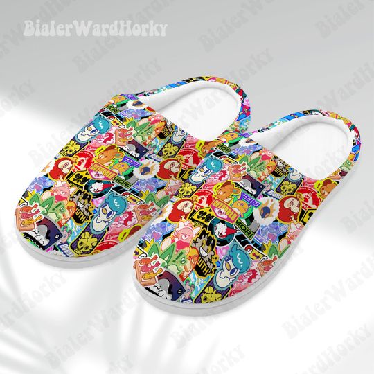 Discover Anime Stickers Slippers - Waterproof Vinyl Decal Anime House Shoes - Cartoon Indoor Footwear Gamers - Fun Gift Slippers for Anime Lovers